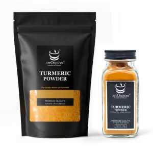 ArtOspices Turmeric Powder pouch and glass jar.